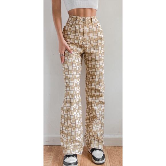 The Ragged Priest Jeans High Waist Pants Geometric Gold Cream 26 Boho Hippie - Picture 1 of 15